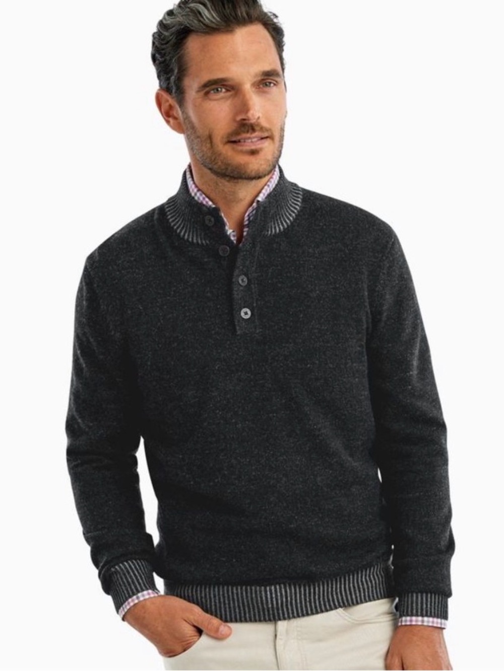 Johnnie-O Black Gray Merino Wool Essex Marino Henley Sweater Mens Large Pullover